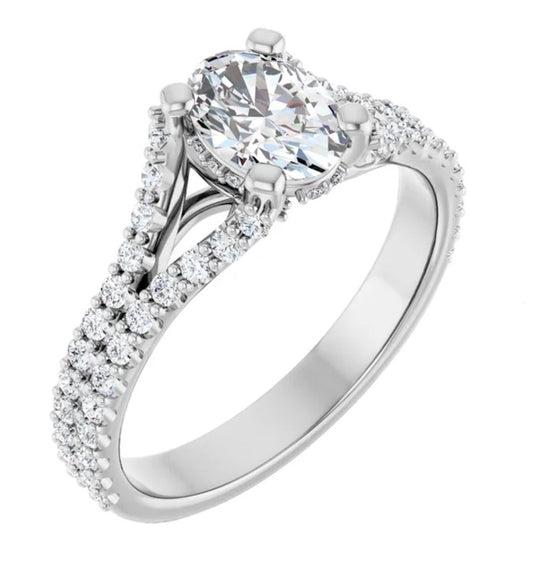 14K White  Gold Diamond Accented Oval Engagement Ring