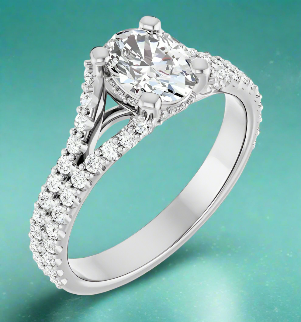 14K White  Gold Diamond Accented Oval Engagement Ring