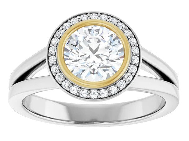 14K White & Yellow Gold Round Bezel-Set Halo-Style Engagement Ring