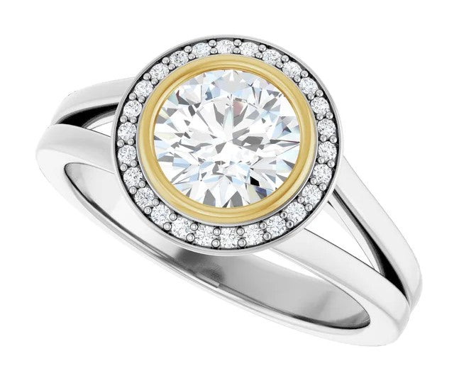 14K White & Yellow Gold Round Bezel-Set Halo-Style Engagement Ring