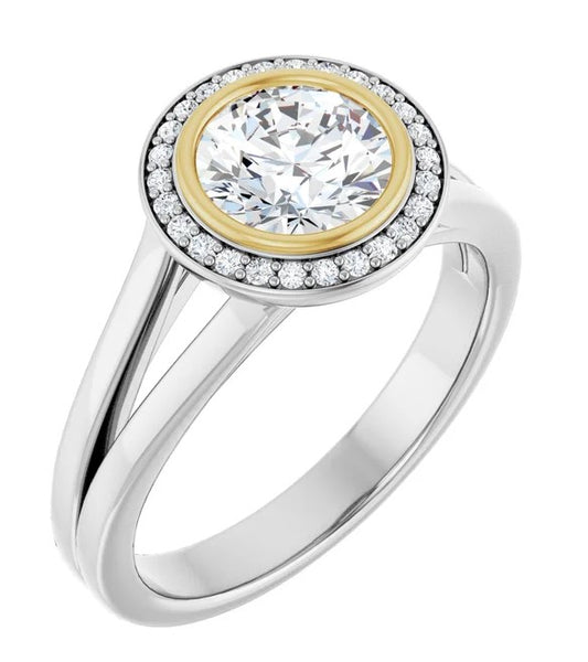 14K White & Yellow Gold Round Bezel-Set Halo-Style Engagement Ring