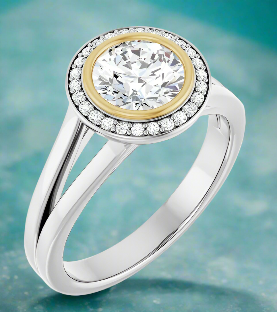 14K White & Yellow Gold Round Bezel-Set Halo-Style Engagement Ring