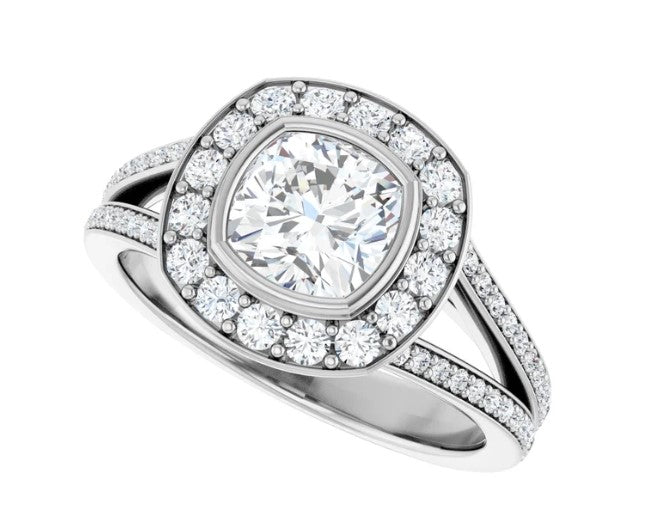 14K White Gold Bezel-Set Halo-Style Engagement Ring