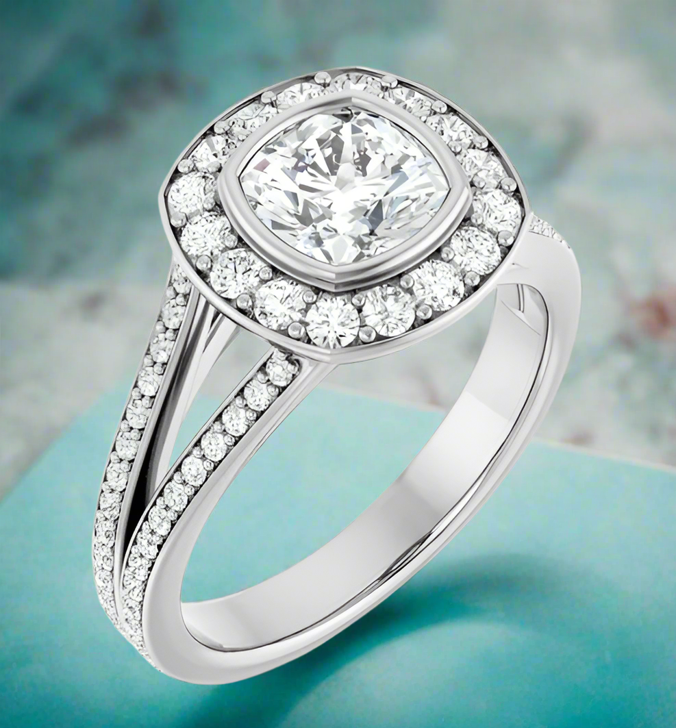 14K White Gold Bezel-Set Halo-Style Engagement Ring