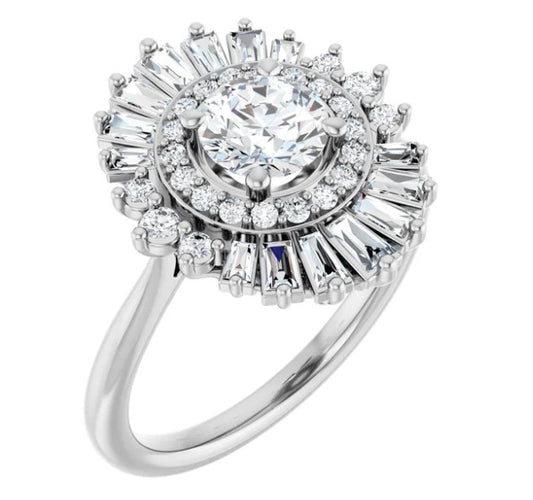 Baguette and Round Diamond Halo Style Engagement Ring