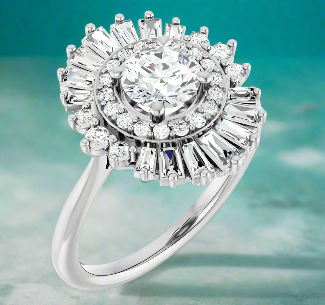 Baguette and Round Diamond Halo Style Engagement Ring