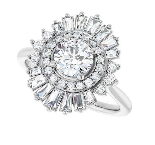 Baguette and Round Diamond Halo Style Engagement Ring