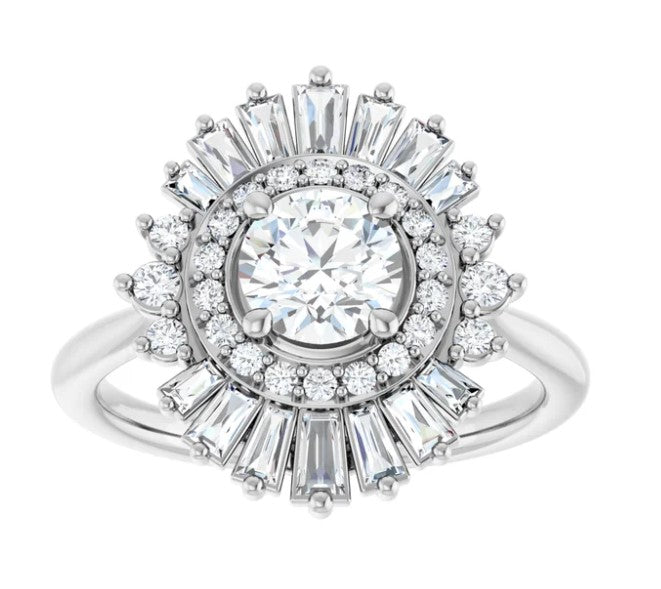 Baguette and Round Diamond Halo Style Engagement Ring