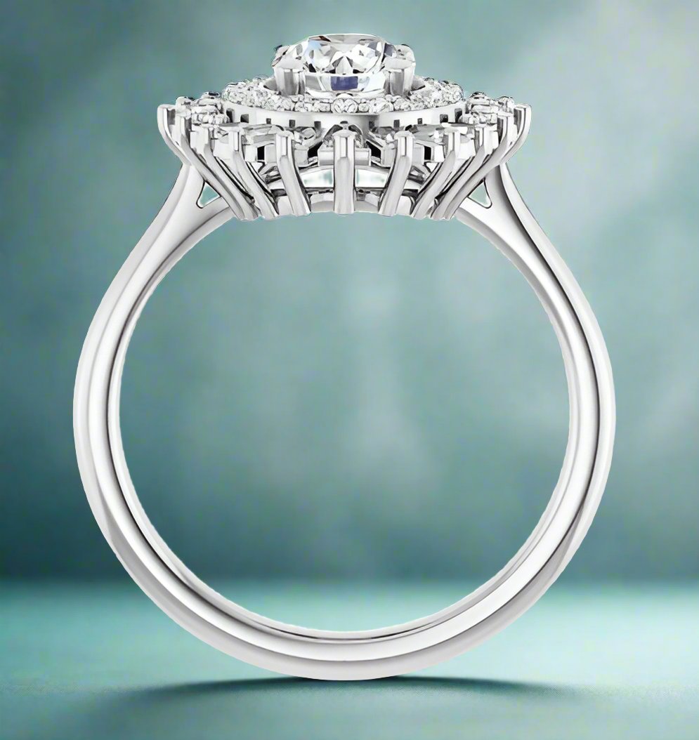 Baguette and Round Diamond Halo Style Engagement Ring