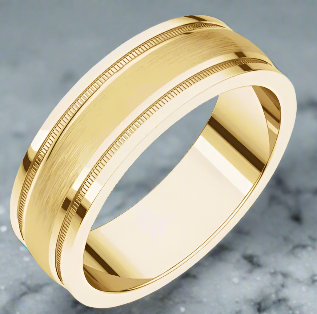 14K Yellow Gold Flat Edge Comfort-Fit Band with Milgrain and Satin Finish