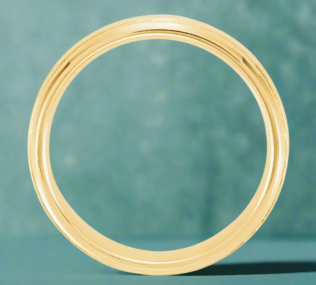 14K Yellow Gold Half Round Comforit-Fit Band with Hammered Texture and Milgrain