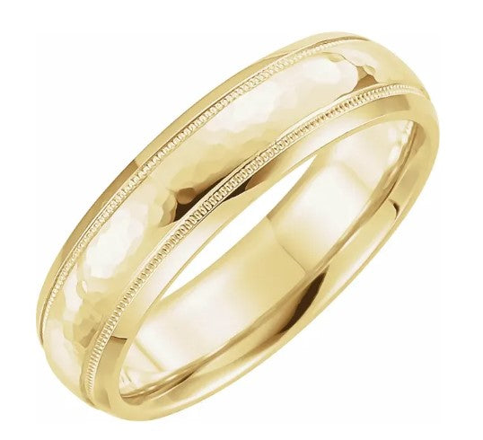 14K Yellow Gold Half Round Comforit-Fit Band with Hammered Texture and Milgrain