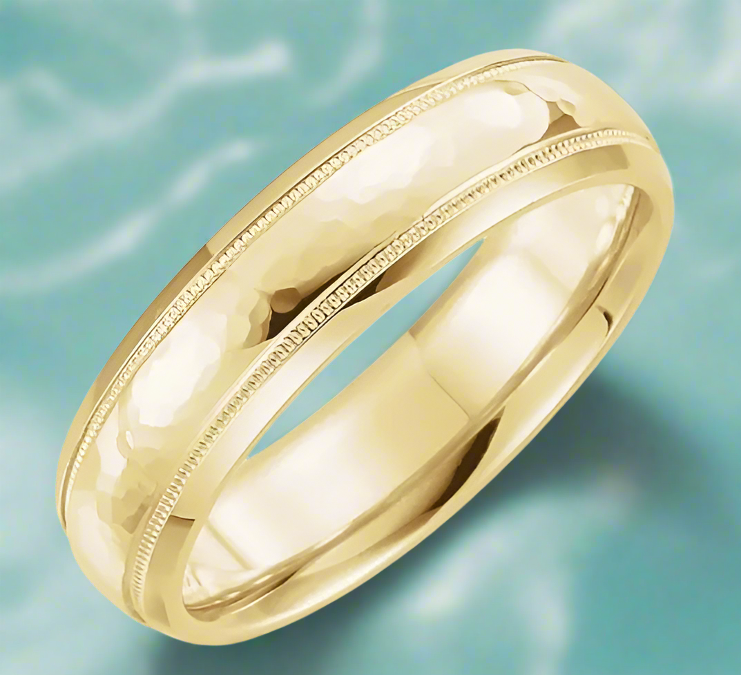 14K Yellow Gold Half Round Comforit-Fit Band with Hammered Texture and Milgrain