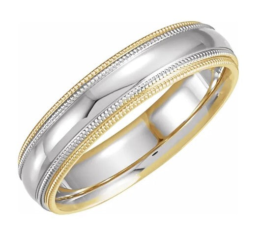 14K Yellow & White Gold Half Round Band with Double Milgrain