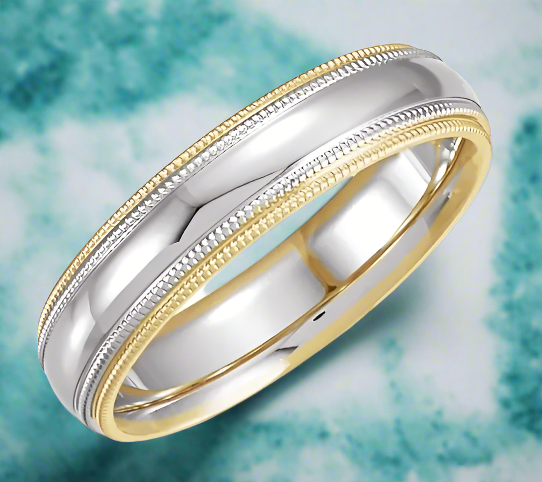 14K Yellow & White Gold Half Round Band with Double Milgrain