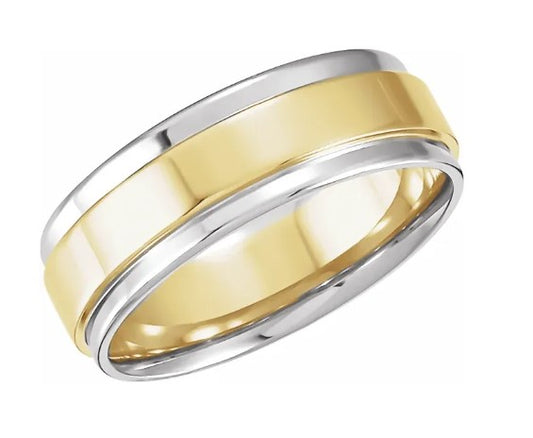 14K White/Yellow/White 7.5 mm Flat Edge Band