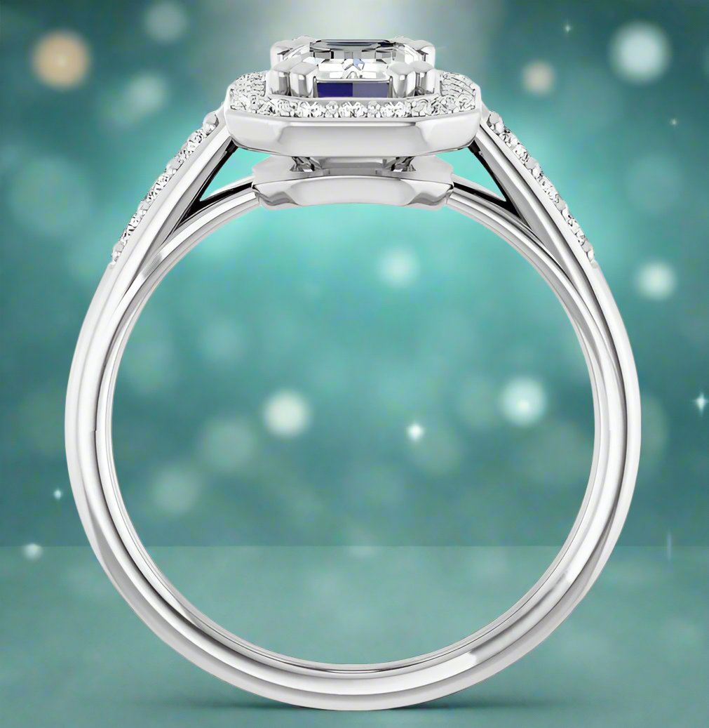 14K White Gold Accented Halo Emerald Engagement Ring