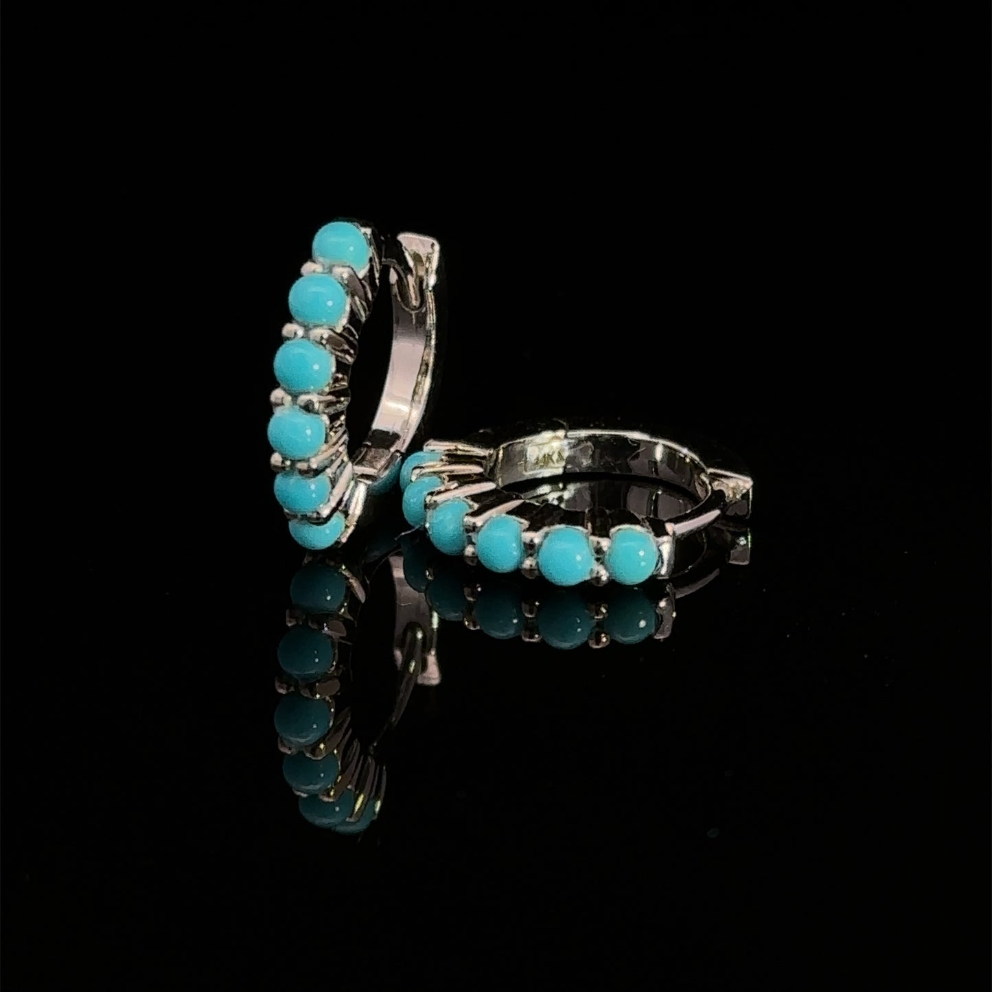 14K White Natural Turquoise Huggie Hoop Earrings